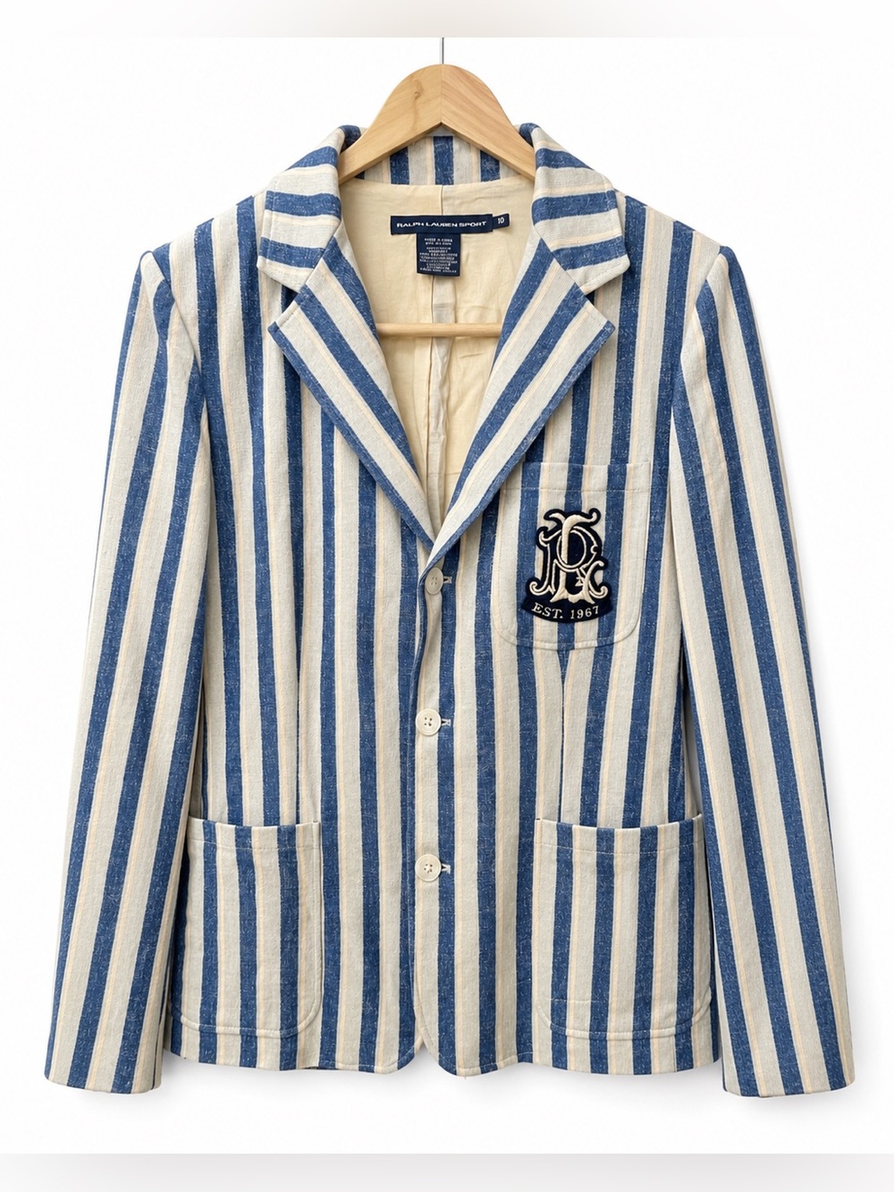 Ralph Lauren Sport Blue White Striped Crest Blazer Jacket Size 10 Preppy Cotton